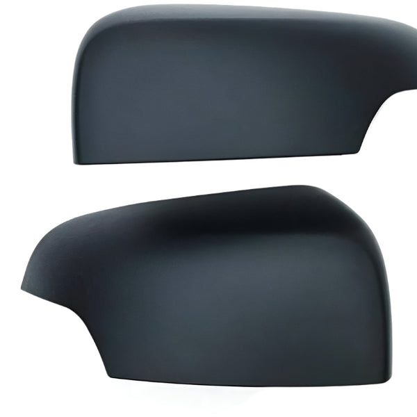 Two matte black car side mirror covers are displayed against a plain white background, showing their sleek, rounded shape and smooth surface.