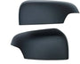 Two matte black car side mirror covers are displayed against a plain white background, showing their sleek, rounded shape and smooth surface.