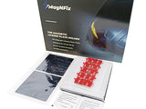 Box containing MagNFix magnetic license plate holder components. Includes magnets, adhesive mounts, and instructions. Text: 