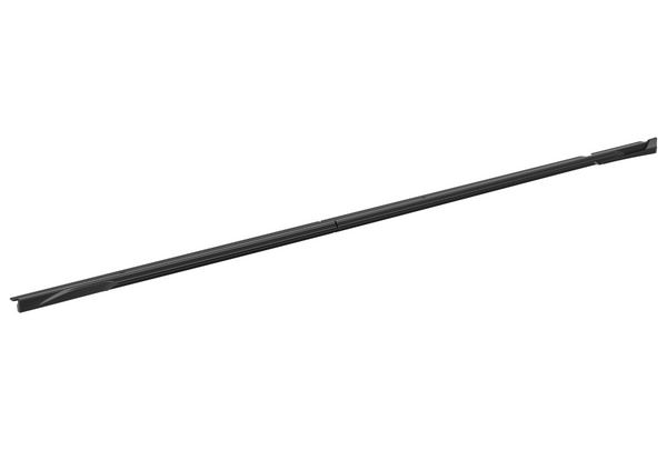 A long, black, narrow bar rests diagonally across a white background, appearing as a sleek metal or plastic object with tapered ends and subtle grooves along its length.