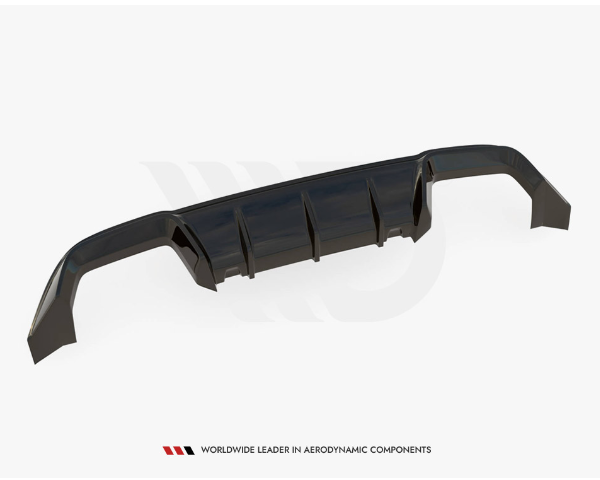 A black aerodynamic car bumper with vertical fins is positioned on a white background. Below, text reads: "WORLDWIDE LEADER IN AERODYNAMIC COMPONENTS."