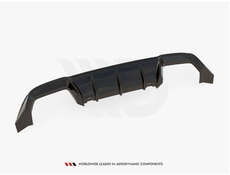 A black aerodynamic car bumper with vertical fins is positioned on a white background. Below, text reads: "WORLDWIDE LEADER IN AERODYNAMIC COMPONENTS."
