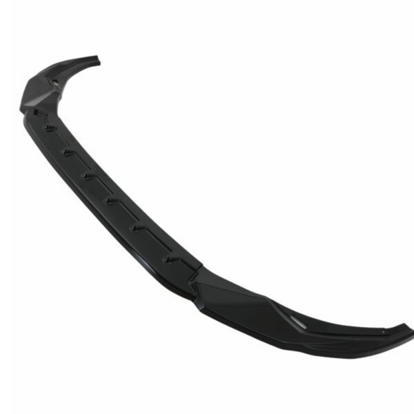 A black car spoiler with a sleek design and angular edges, lying flat against a plain white background, showcasing aerodynamic styling details.