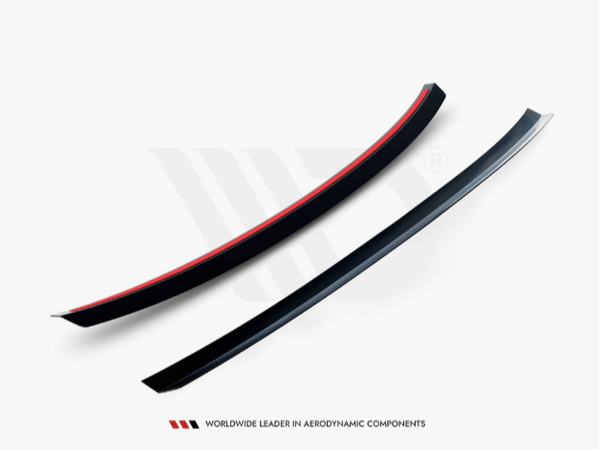 A pair of sleek, black aerodynamic components, one with a red stripe, are displayed against a white background. Text underneath reads: "WORLDWIDE LEADER IN AERODYNAMIC COMPONENTS."