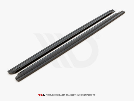 Two long, black side skirts lie parallel on a white background. Below, text reads: "WORLDWIDE LEADER IN AERODYNAMIC COMPONENTS."