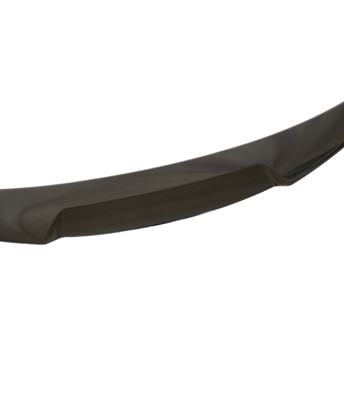 Curved black car accessory, such as a spoiler, resting horizontally against a white background.