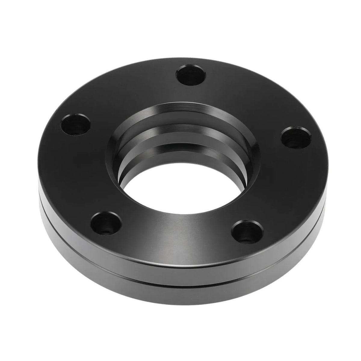 A black, circular metal flange with a central threaded hole and five surrounding bolt holes, lying on a plain white background.