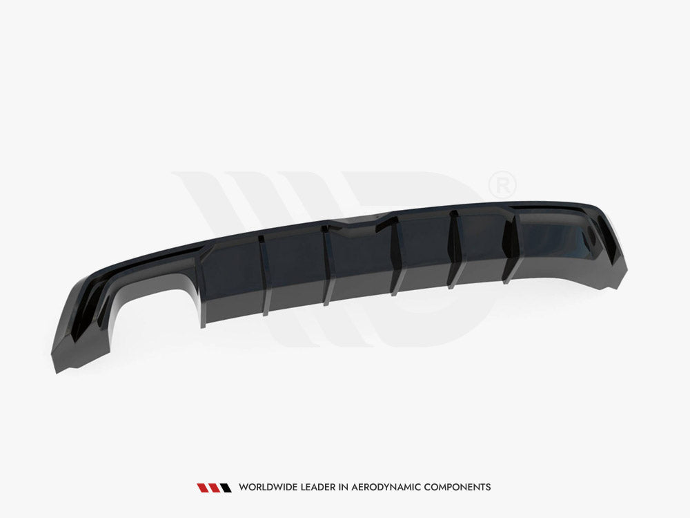 A glossy black car diffuser with vertical fins, displayed on a white background. At the bottom, the text reads: "WORLDWIDE LEADER IN AERODYNAMIC COMPONENTS."