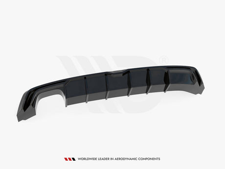 A glossy black car diffuser with vertical fins, displayed on a white background. At the bottom, the text reads: "WORLDWIDE LEADER IN AERODYNAMIC COMPONENTS."