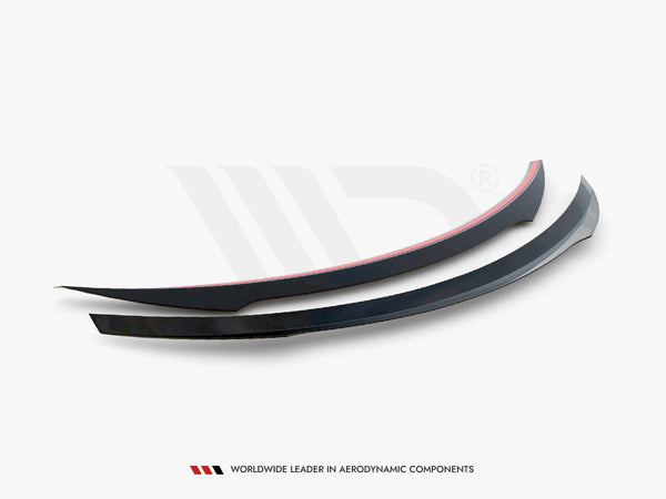 Two sleek, black aerodynamic car components with red accents lie on a white surface. Text below reads: "Worldwide leader in aerodynamic components."