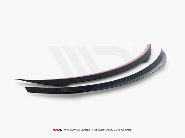 Two sleek, black aerodynamic car components with red accents lie on a white surface. Text below reads: "Worldwide leader in aerodynamic components."