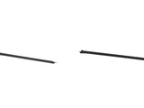 Two long, narrow black metal brackets are lying parallel on a white background, appearing to be detached components with notches and hooks along their lengths.