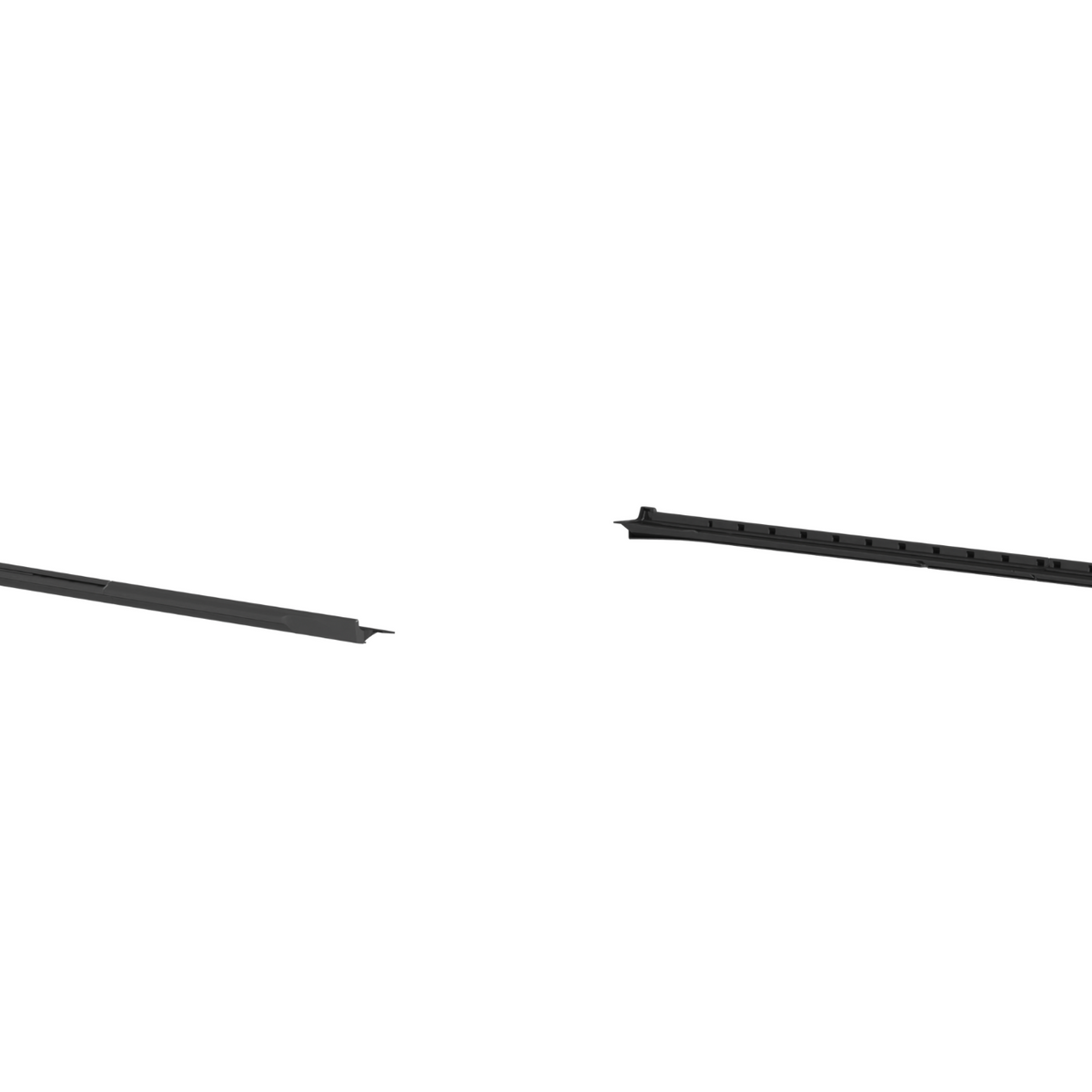 Two long, narrow black metal brackets are lying parallel on a white background, appearing to be detached components with notches and hooks along their lengths.