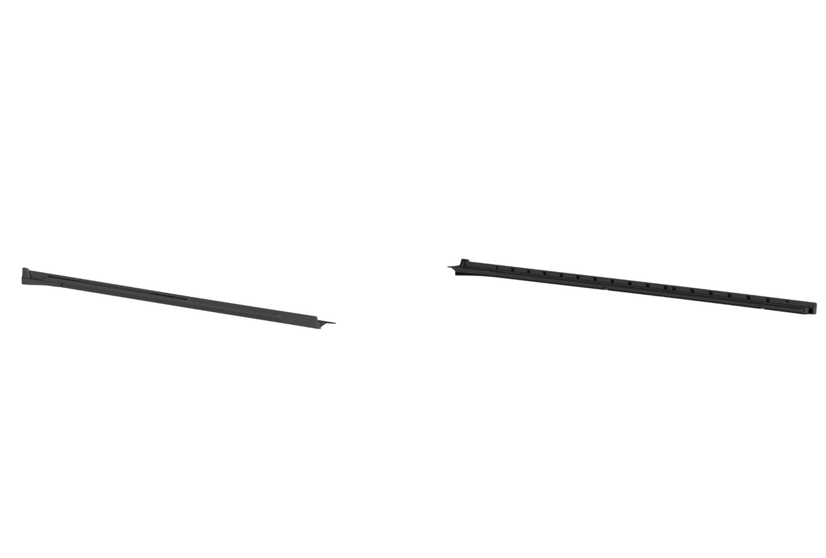 Two long, narrow black metal brackets are lying parallel on a white background, appearing to be detached components with notches and hooks along their lengths.