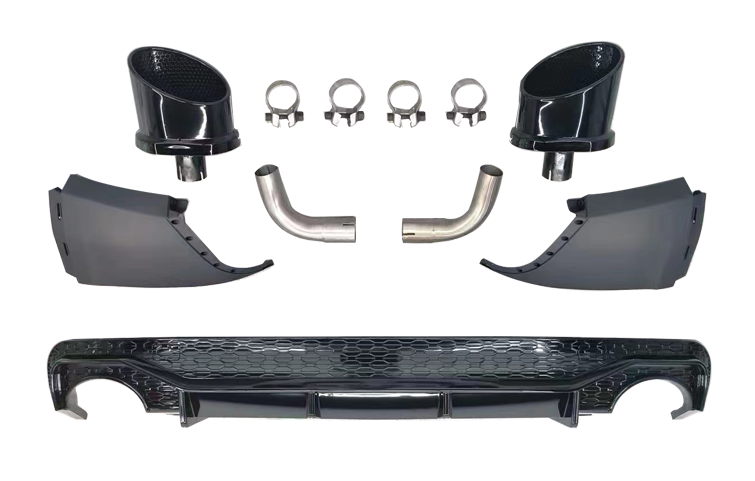 Car parts displayed include two black exhaust tips, four metal clamps, two curved pipes, two aerodynamic panels, and a honeycomb-patterned rear diffuser, all arranged on a white background.