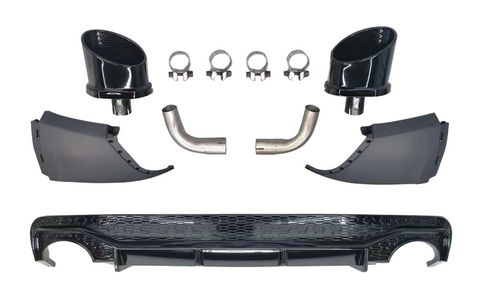 Car parts displayed include two black exhaust tips, four metal clamps, two curved pipes, two aerodynamic panels, and a honeycomb-patterned rear diffuser, all arranged on a white background.