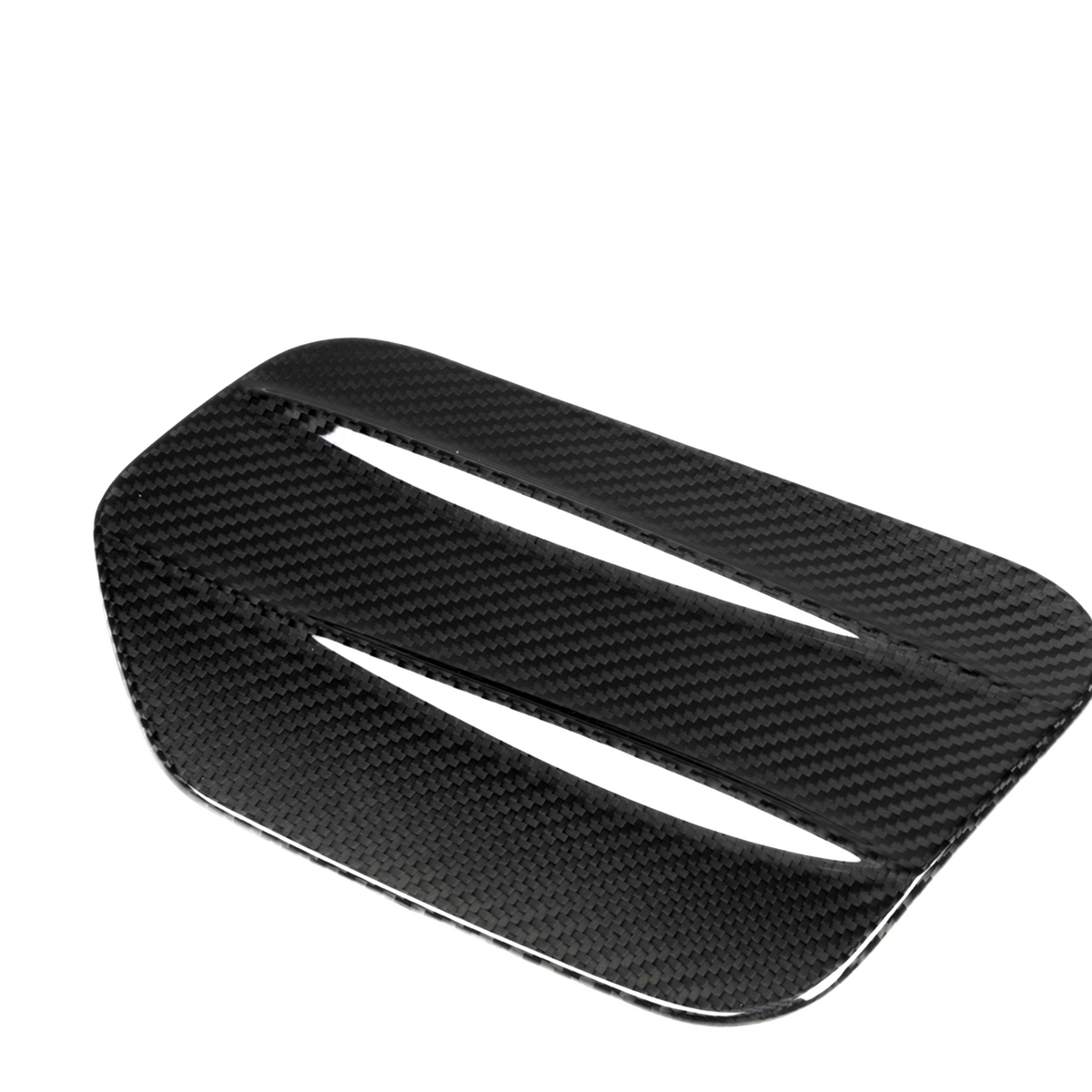 A black, carbon fiber vent with a slatted design, positioned diagonally against a plain white background, showcasing its reflective texture and sleek, aerodynamic appearance.