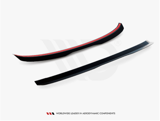 Two aerodynamic car spoilers with sleek, curved designs lie parallel on a white background. One features a red stripe. Text reads, "WORLDWIDE LEADER IN AERODYNAMIC COMPONENTS."