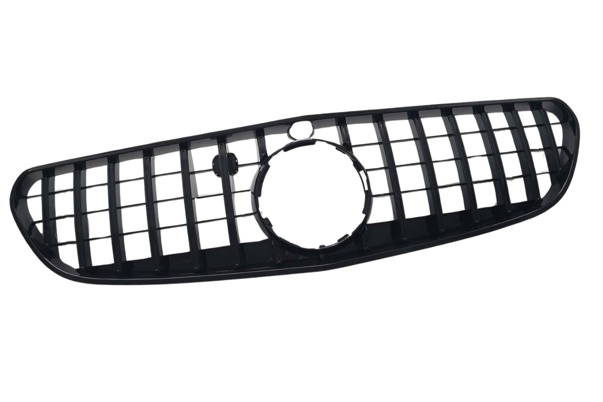 A black car grille with horizontal and vertical slats features a large circular opening in the center, designed for vehicle front ends, isolated on a white background.