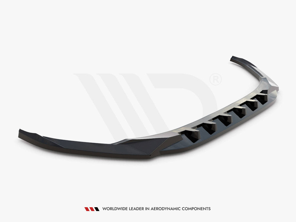 Curved black car spoiler resting on a plain white background. It features angular design elements for aerodynamic enhancement. Text reads: "Worldwide Leader in Aerodynamic Components" at the bottom.