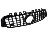 A black car grille, featuring vertical and horizontal slats with a central circular opening, is set against a plain white background.