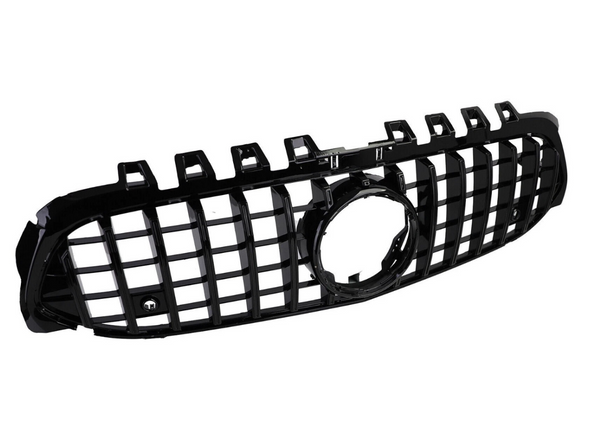 A black car grille, featuring vertical and horizontal slats with a central circular opening, is set against a plain white background.