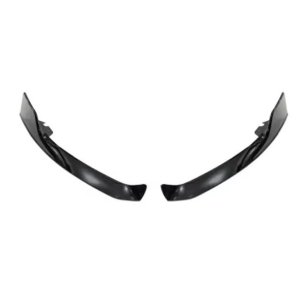Two sleek, black bumper trim pieces face each other symmetrically on a white background, suggesting car accessory components.