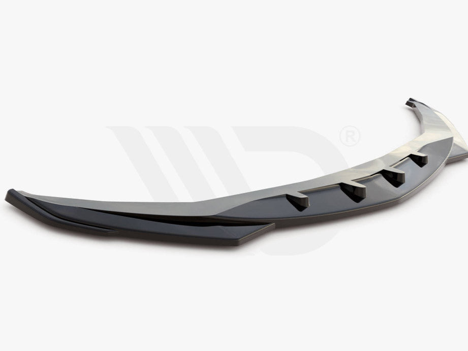 A sleek, black aerodynamic car component with fin-like protrusions rests on a plain white background. Text below reads: "Worldwide leader in aerodynamic components."