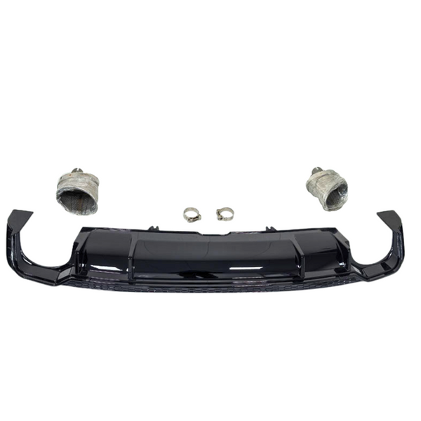 A glossy black car diffuser is centered, flanked by two wrapped exhaust tips. Two metal rings lie between the diffuser and the exhaust tips on a plain white background.