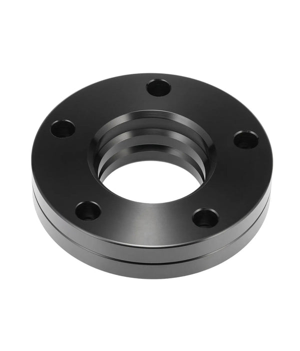 A black, circular metal flange with a central threaded hole and five surrounding bolt holes, positioned against a plain white background.
