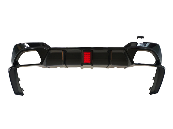 A black car bumper with an integrated red reflector in the center is displayed against a white background, featuring aerodynamic contours and bracket extensions.