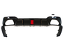 A black car bumper with an integrated red reflector in the center is displayed against a white background, featuring aerodynamic contours and bracket extensions.