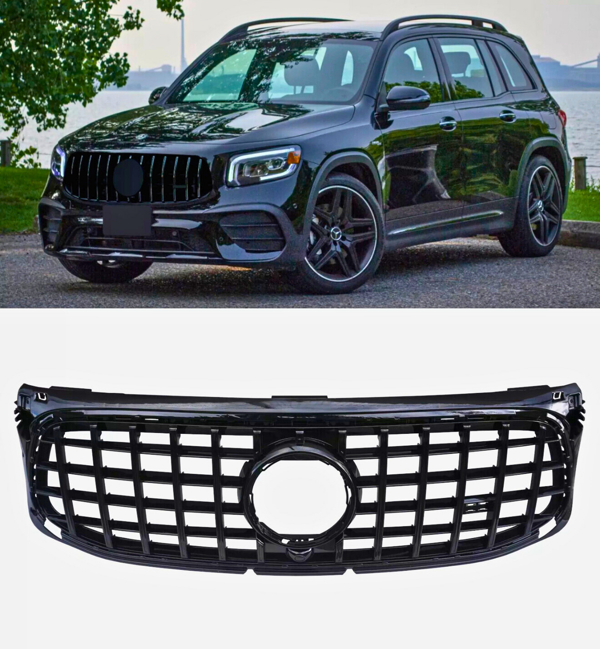 A black SUV is parked on a road near a body of water, surrounded by greenery. Below, there's a separate image of a black, grid-patterned car grille on a white background.