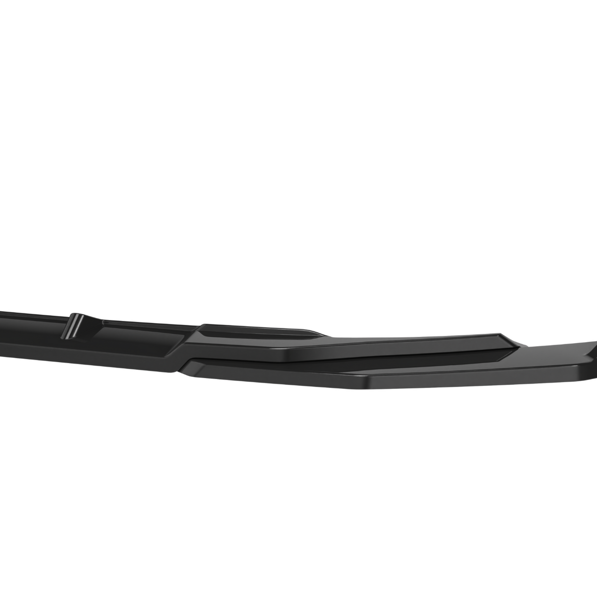 A long, black, contoured car bumper is positioned horizontally against a plain white background, showing its streamlined design and subtle surface details.