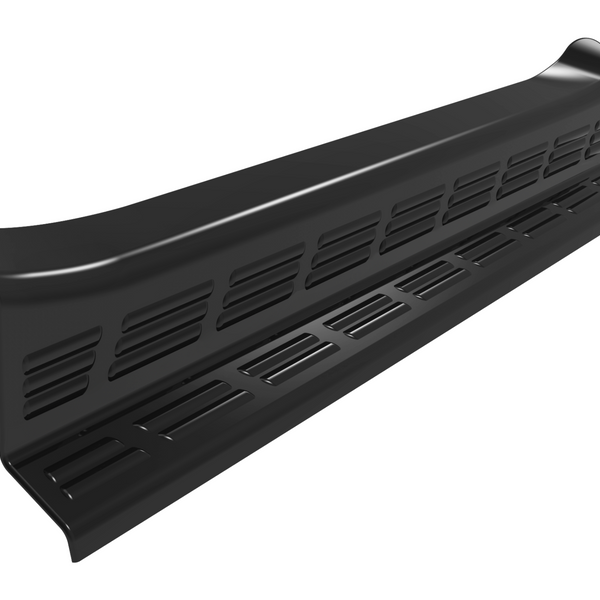 A black, wing-shaped car spoiler with vent-like cutouts sits isolated on a white background, designed to improve aerodynamics.