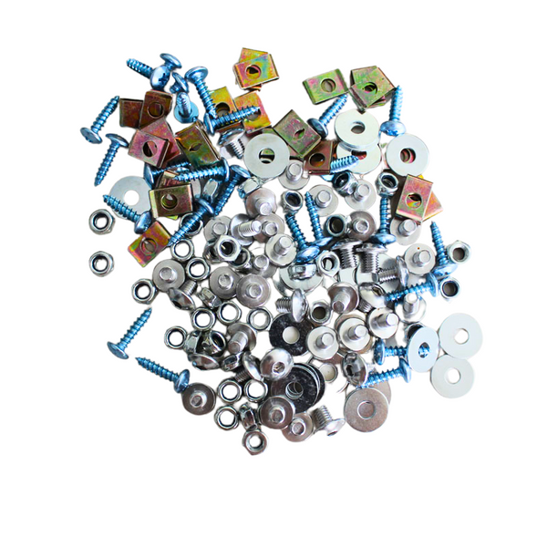 A pile of assorted hardware components, including screws, nuts, washers, and square metal plates, scattered randomly against a plain white background.