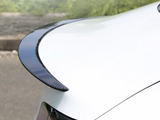 The car features a black carbon fiber rear spoiler, extending smoothly over the trunk, parked on a paved road with green shrubbery in the background.