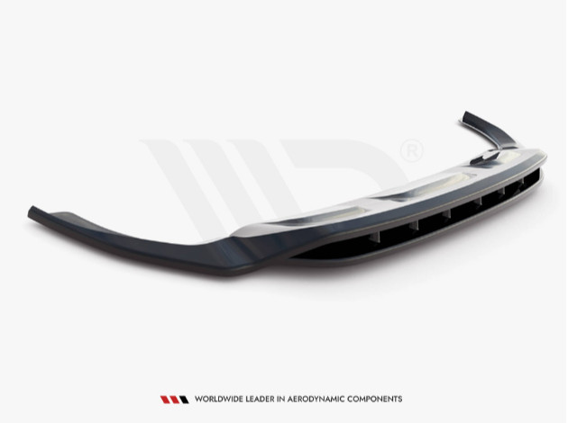 A sleek car bumper, angled upwards, is set against a plain white background. Text reads, "Worldwide Leader in Aerodynamic Components."