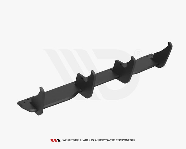 A black aerodynamic diffuser with curved vertical fins is displayed on a plain white background. Text reads: "WORLDWIDE LEADER IN AERODYNAMIC COMPONENTS."