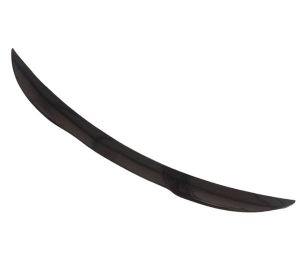 A curved, black, elongated car spoiler is positioned against a plain white background, showcasing its sleek aerodynamic design.