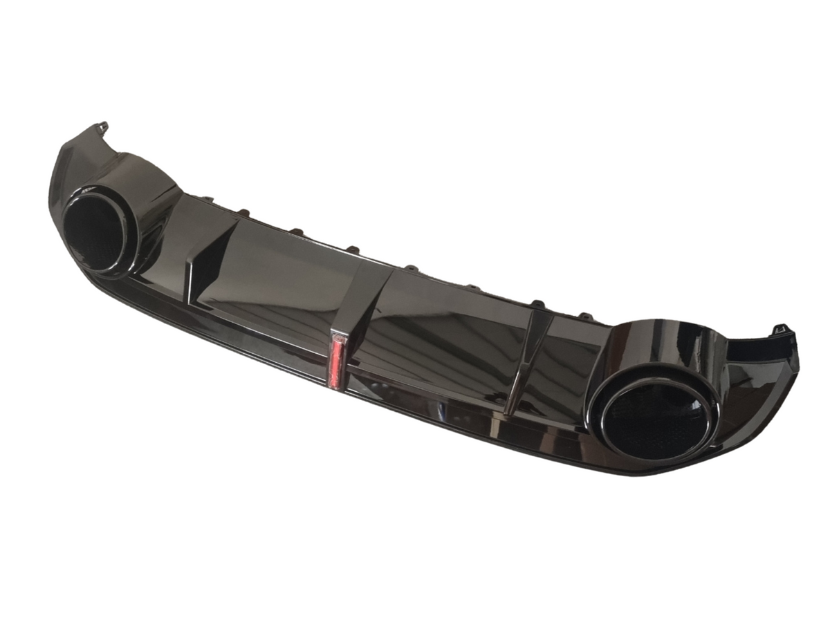 A glossy black car diffuser with a red reflector at the center, features circular exhaust cutouts on each end, placed against a plain white background.