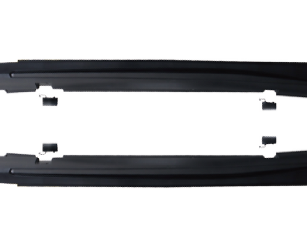 Two black, elongated car side skirts are placed horizontally, parallel to each other, against a white background. Small black brackets are positioned near them, indicating mounting components.