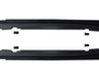 Two black, elongated car side skirts are placed horizontally, parallel to each other, against a white background. Small black brackets are positioned near them, indicating mounting components.