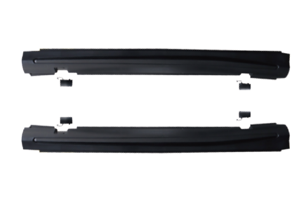 Two black, elongated car side skirts are placed horizontally, parallel to each other, against a white background. Small black brackets are positioned near them, indicating mounting components.