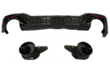 A black car diffuser, featuring a textured pattern, is displayed with twin exhaust tips. These components are designed for vehicle aerodynamic and performance enhancements against a plain white background.