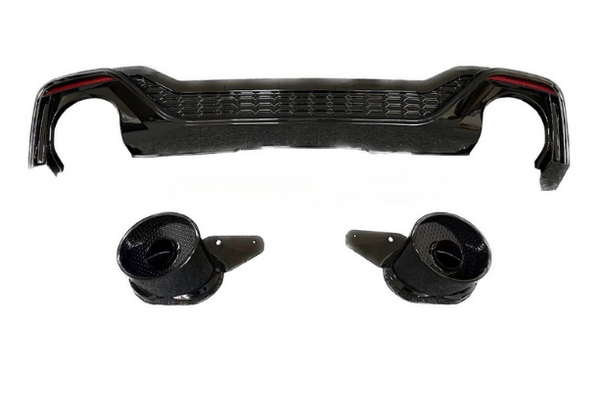 A black car diffuser, featuring a textured pattern, is displayed with twin exhaust tips. These components are designed for vehicle aerodynamic and performance enhancements against a plain white background.