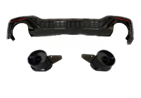 A black car diffuser, featuring a textured pattern, is displayed with twin exhaust tips. These components are designed for vehicle aerodynamic and performance enhancements against a plain white background.