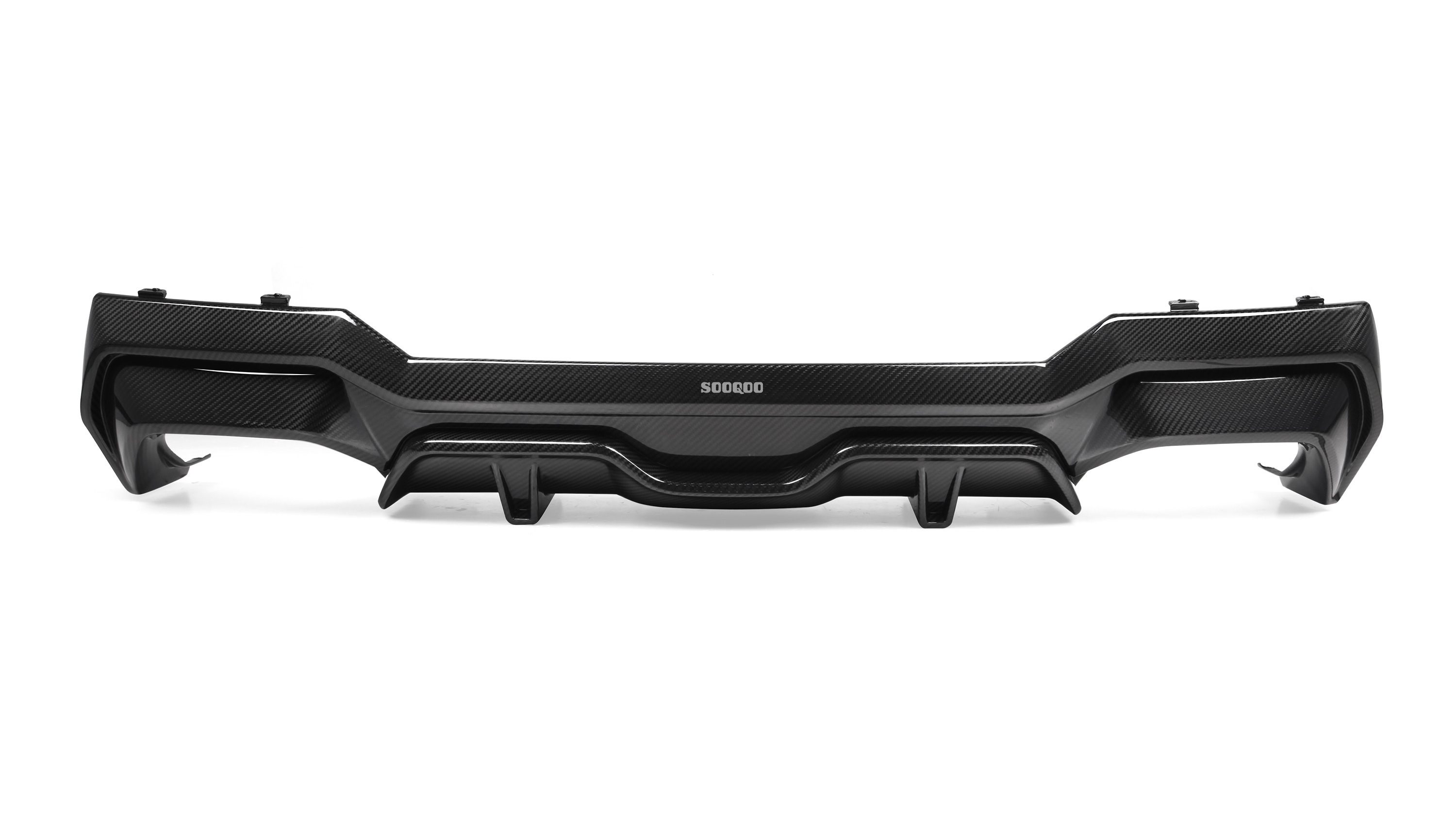 A carbon fiber car bumper, featuring a sleek design with angular contours, rests against a white background. Text "SOOQOO" is embossed on the upper center.