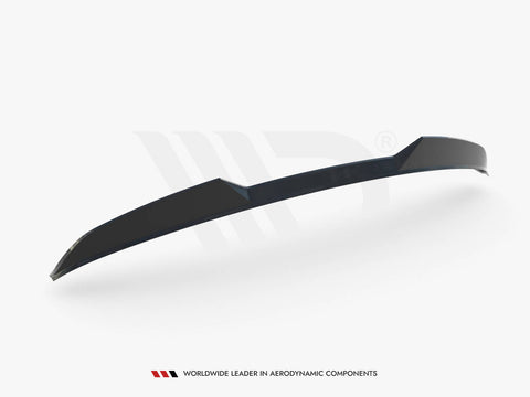 A sleek black aerodynamic spoiler, displayed on a white background, slightly curved with sharp edges. Text below reads: "WORLDWIDE LEADER IN AERODYNAMIC COMPONENTS".