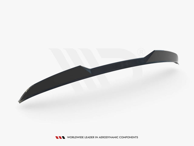 A sleek black aerodynamic spoiler, displayed on a white background, slightly curved with sharp edges. Text below reads: "WORLDWIDE LEADER IN AERODYNAMIC COMPONENTS".